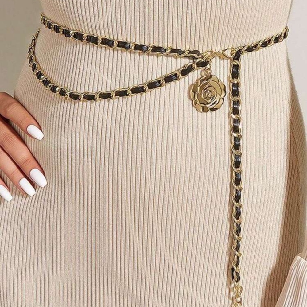 Gold and Black Chain Belt, Black Faux Leather and Gold Chain Belt - Picture 2 of 8